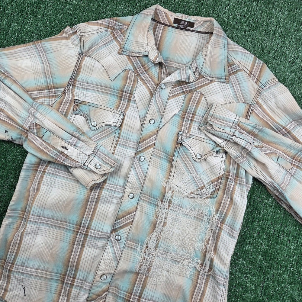 Arizona Jean Co Mens Grunge Western Pearl Snap Shirt Plaid Teal Embroidered M